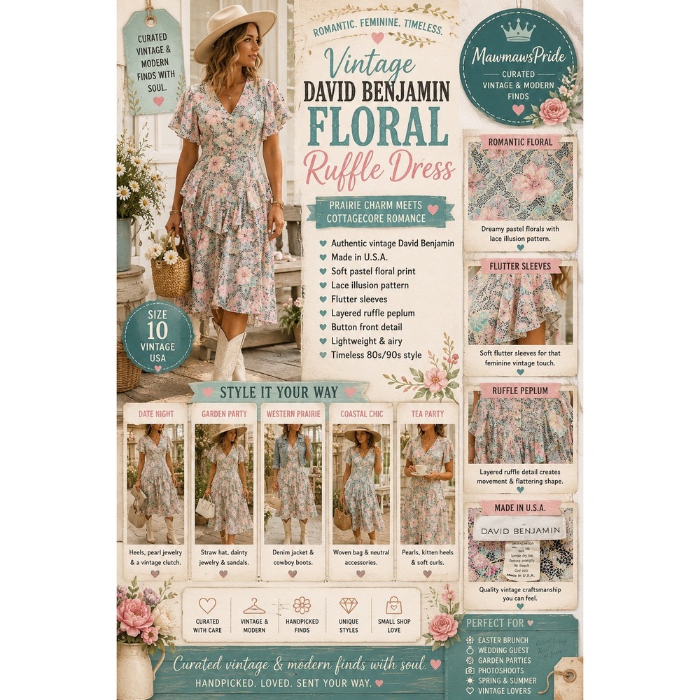 Vintage David Benjamin Floral Ruffle Peplum‎ Dress Pastel Lace Illusion Size 10